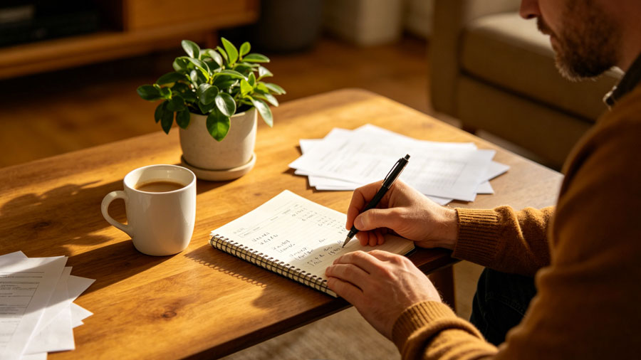 A person reviewing their monthly budget on a laptop at a cozy home desk