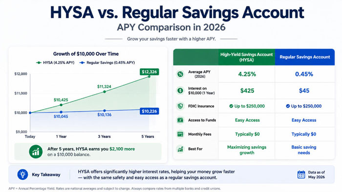 High-yield savings account vs regular savings account APY comparison chart 2026