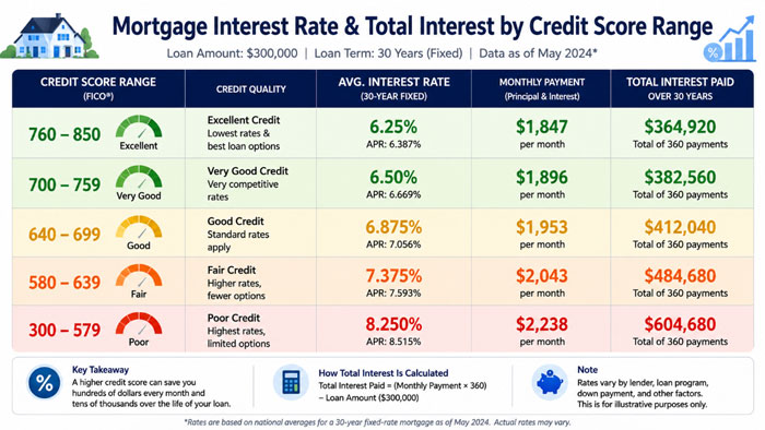 Mortgage interest rate comparison by credit score range for $300K loan