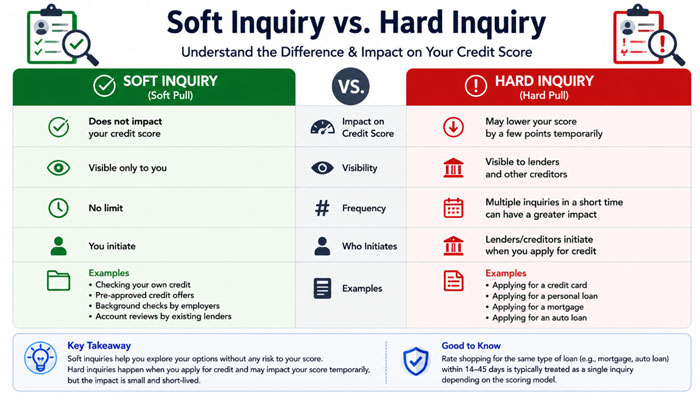 Soft inquiry vs hard inquiry credit score impact comparison
