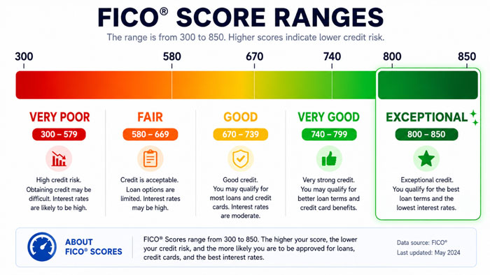 FICO credit score range chart showing exceptional tier from 800 to 850