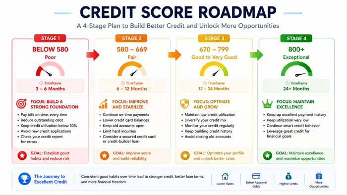 Credit score roadmap chart showing action steps from below 580 to 800 plus tier