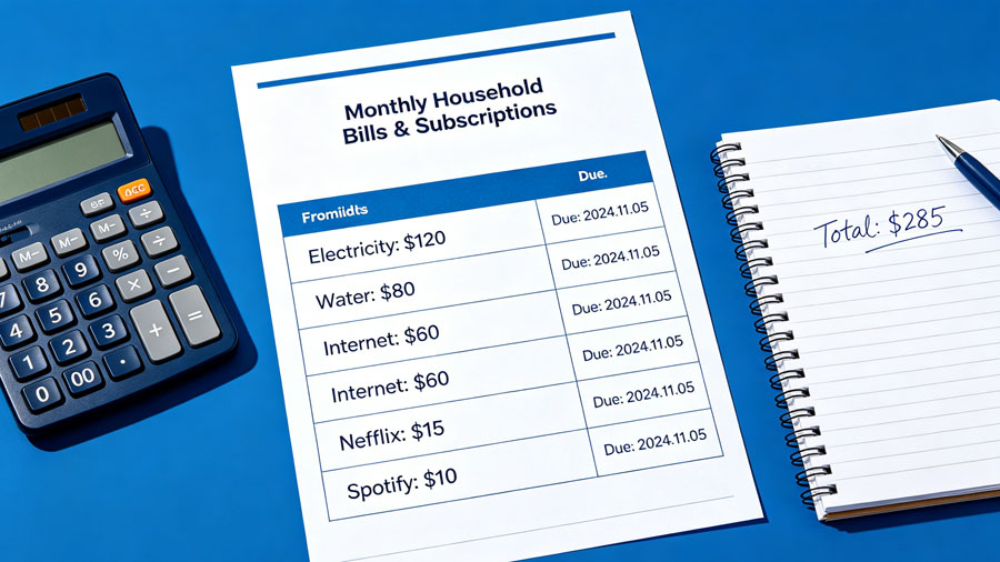 Monthly household bills laid out on a table with a calculator and notepad