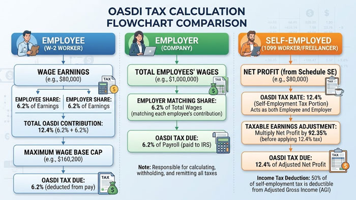 OASDI tax calculation flowchart comparing employee, employer, and self-employed scenarios