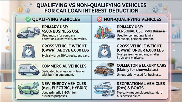 Comparison table showing qualifying vs non-qualifying vehicles for car loan interest deduction
