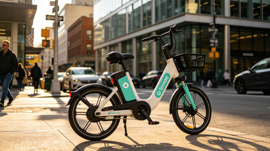 Car sharing or electric bike parked on a city street with urban buildings in background