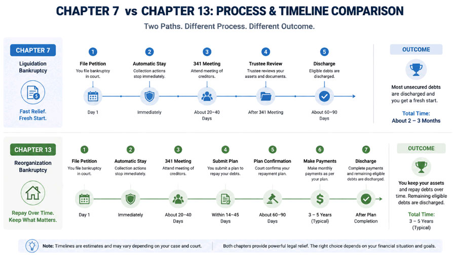 Chapter 7 vs Chapter 13 bankruptcy timeline comparison