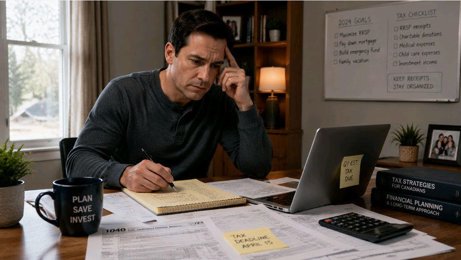 person weighing cons of hiring a tax professional at desk with tax documents