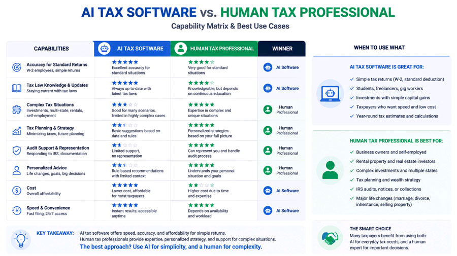 comparison chart of AI tax software versus human tax professional capabilities 2026