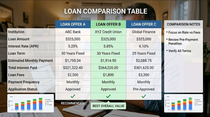 Loan comparison table showing APR and terms