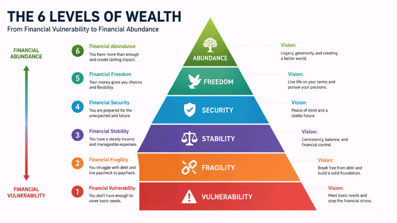 6 wealth levels pyramid chart from financial vulnerability to abundance