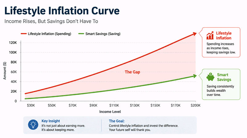 lifestyle creep chart comparing income growth to savings rate