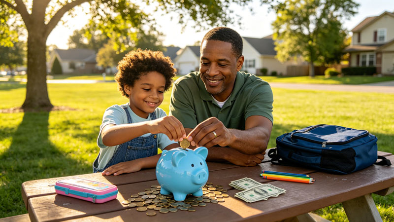 parent and child saving coins together in piggy bank
