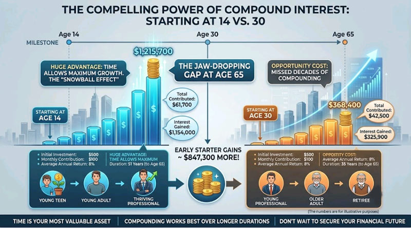 compound growth chart comparing saving at age 14 versus age 30