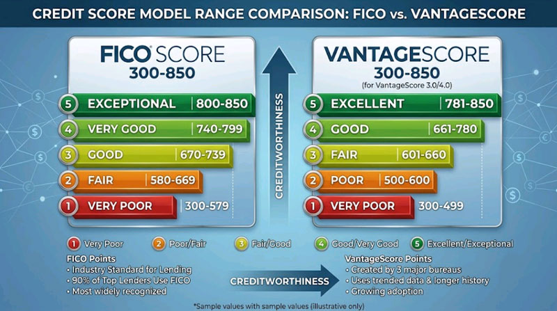 FICO and VantageScore tier 4 credit score range comparison chart