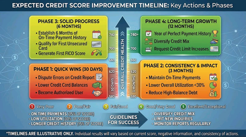 Timeline showing realistic credit score improvement from tier 4 to tier 3