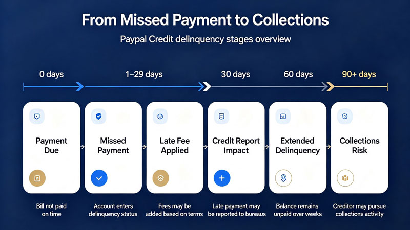 PayPal Credit delinquency to collections timeline diagram