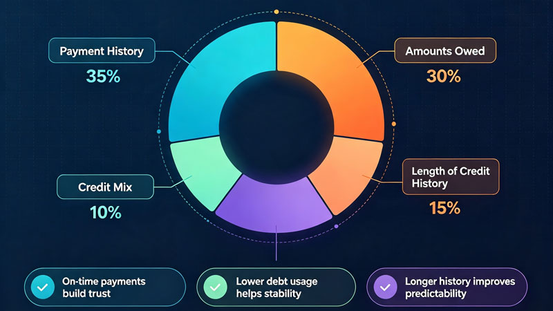 FICO credit score factors pie chart divorce impact