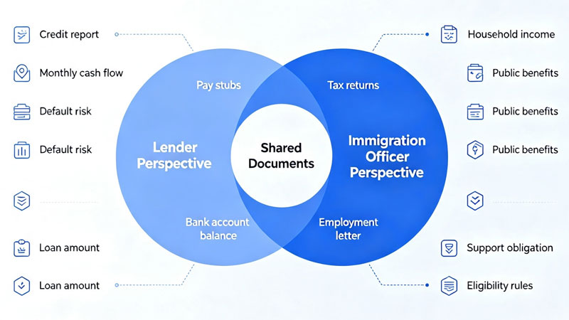 Venn diagram comparing lender credit checks versus USCIS financial review