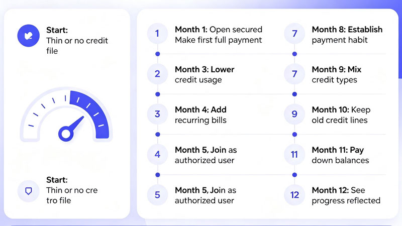 Timeline showing credit building milestones from month one to year two