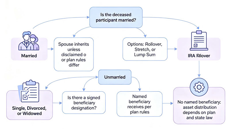 401k inheritance decision flowchart showing spouse and beneficiary paths