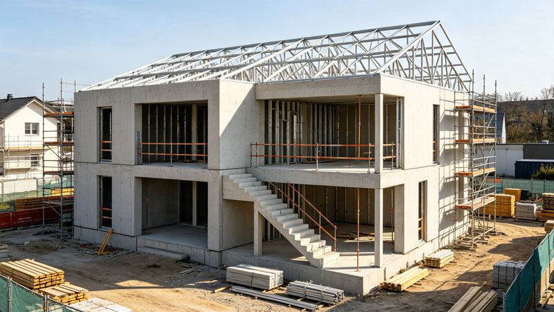 house frame under construction showing cost-saving building strategy