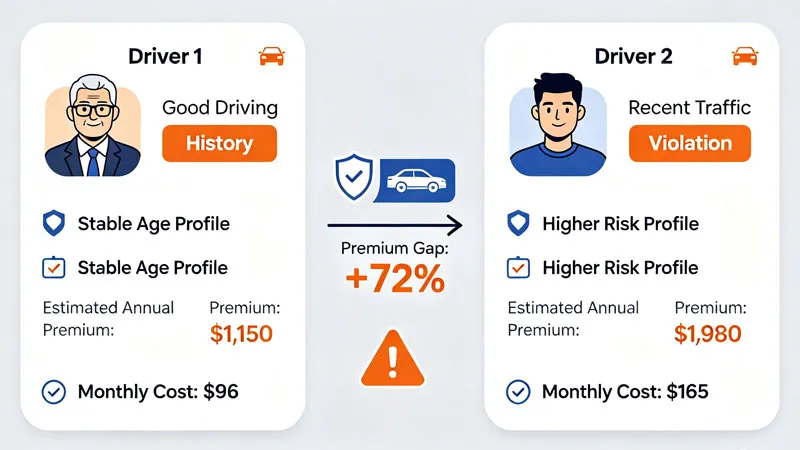 side-by-side comparison of two drivers with different car insurance rates