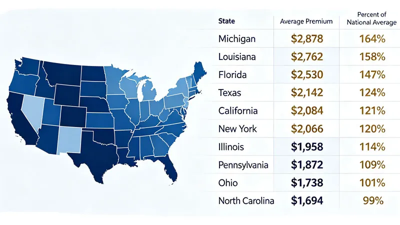 table comparing average car insurance rates by US state