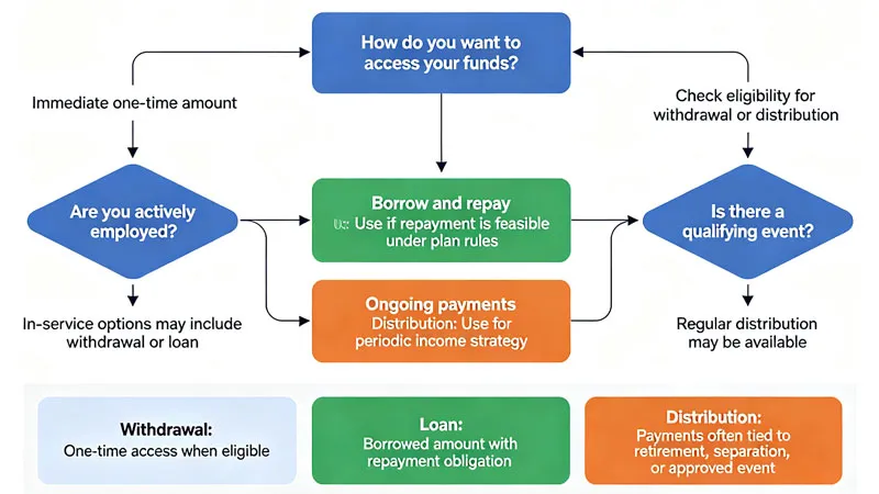 Decision flowchart for choosing between withdrawal loan and distribution