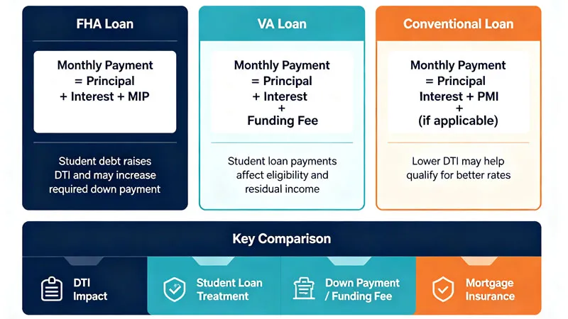 FHA VA conventional loan student debt calculation comparison
