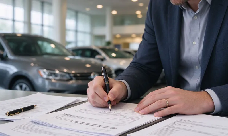 Customer signing car loan paperwork at dealership