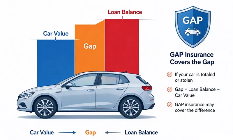 Diagram showing GAP insurance covering the difference between car value and loan balance