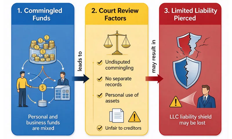 Diagram showing how commingled funds can pierce an LLC's liability shield