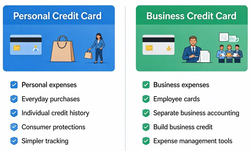 Comparison infographic of personal versus business credit card features