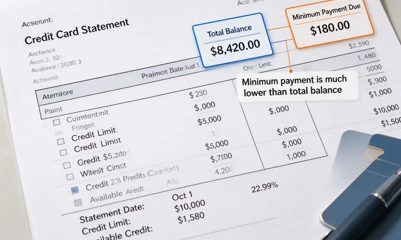 Credit card statement showing minimum payment due versus total balance