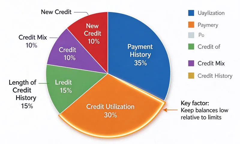 FICO credit score factor breakdown showing 30 percent utilization weight
