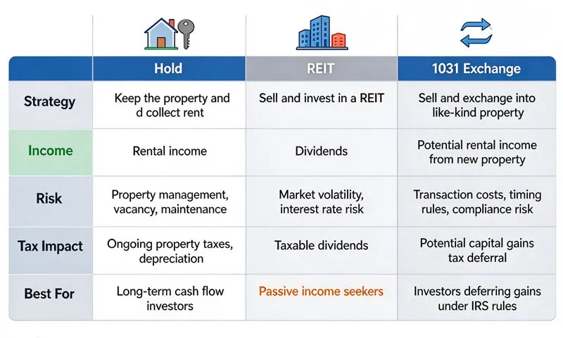 hold versus REIT versus 1031 exchange comparison table